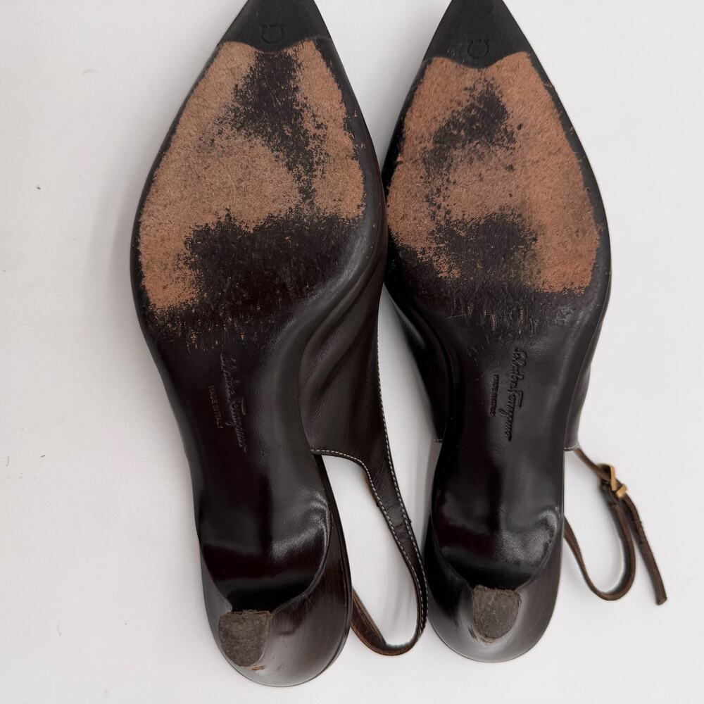 Salvatore Ferragamo Acribia Slingback Kitten Heels Chocolate Brown Gold 7.5 - Picture 4 of 8